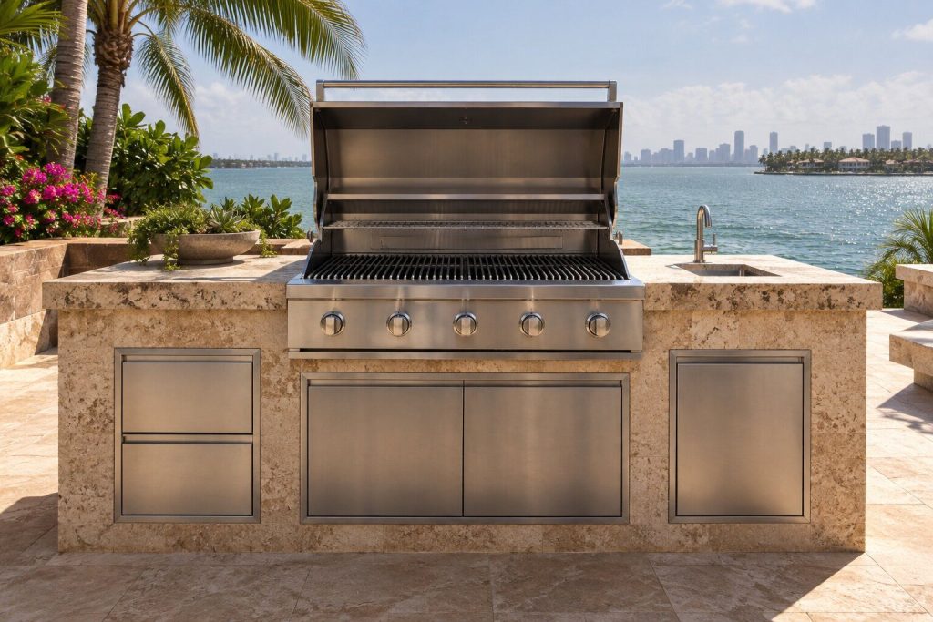 A wide stainless built-in grill set into a coral stone island on a terrace above the water, its hood open over empty cast grates.