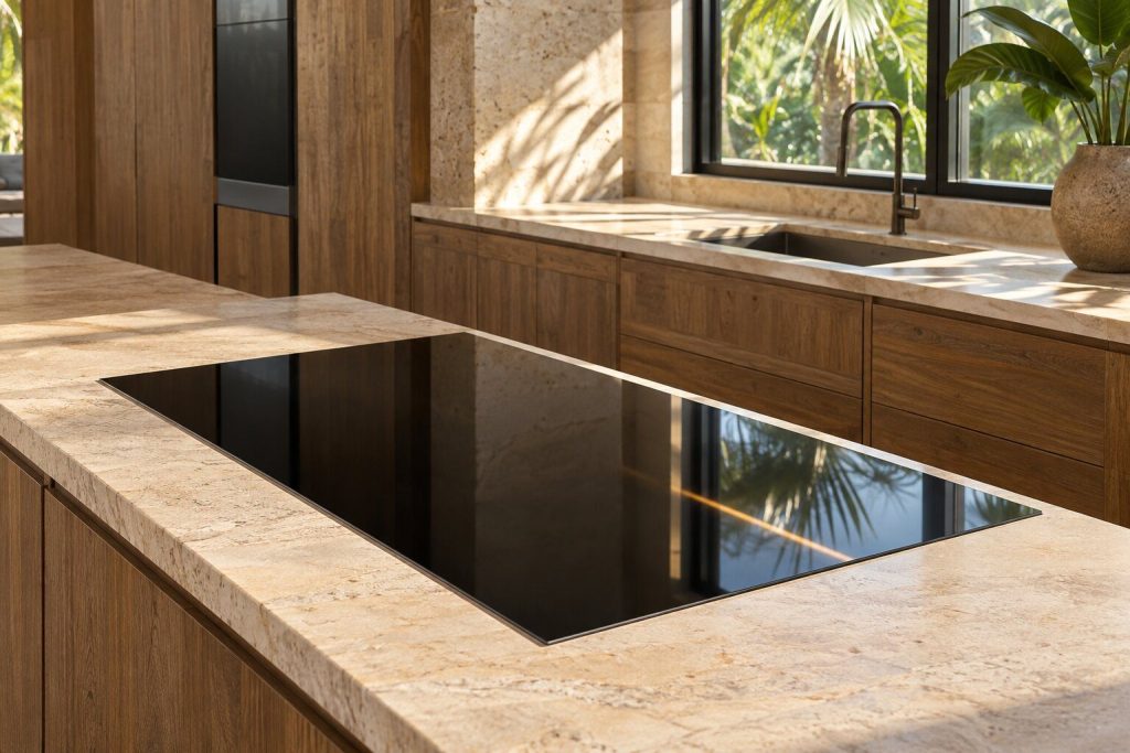 A black glass induction cooktop set flush into a pale stone worktop INSIDE a bright indoor kitchen, with nothing standing on it and fitted cabinetry around it.