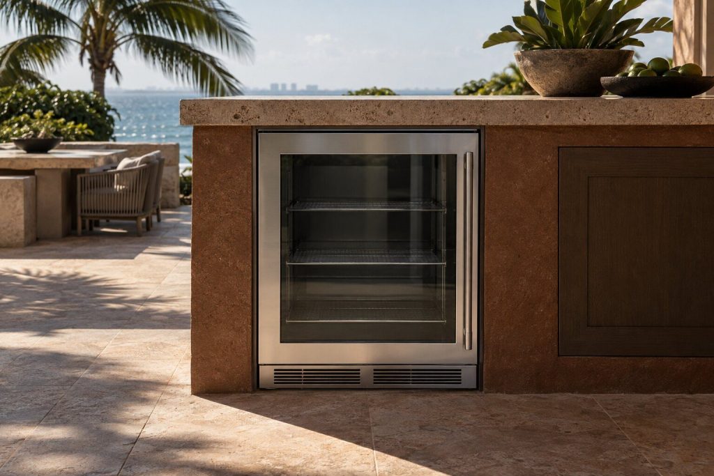 A stainless outdoor beverage center set under a coral stone counter in a terrace island, its glass door closed and the shelves inside empty.