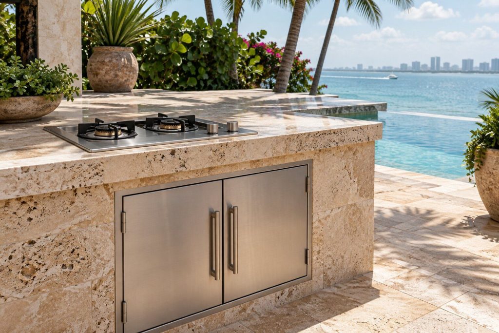An outdoor kitchen run built into travertine with a double side burner at one end and two stainless access doors below the counter, the terrace opening to a pool beyond.