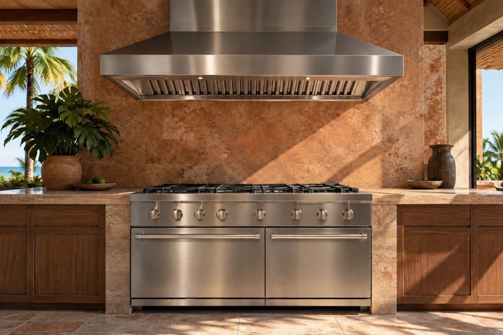 A wide stainless professional hood canopy over an empty stainless range INSIDE a bright indoor kitchen, its underside and baffle filters visible from below.