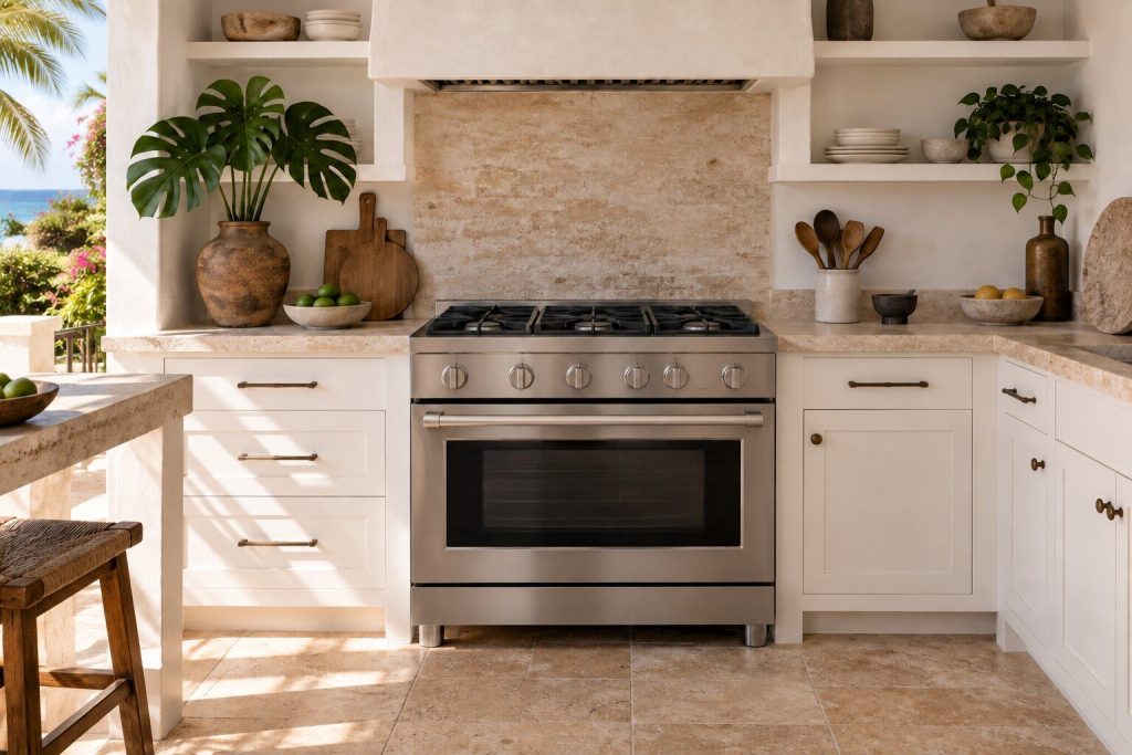 A professional stainless range standing INSIDE a bright white indoor kitchen under open shelving, six sealed burners on the top and the oven door closed.