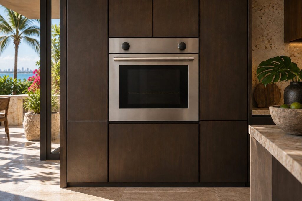 A stainless wall oven built into a tall dark cabinet run at chest height INSIDE a kitchen, its door closed and its frame flush with the joinery.