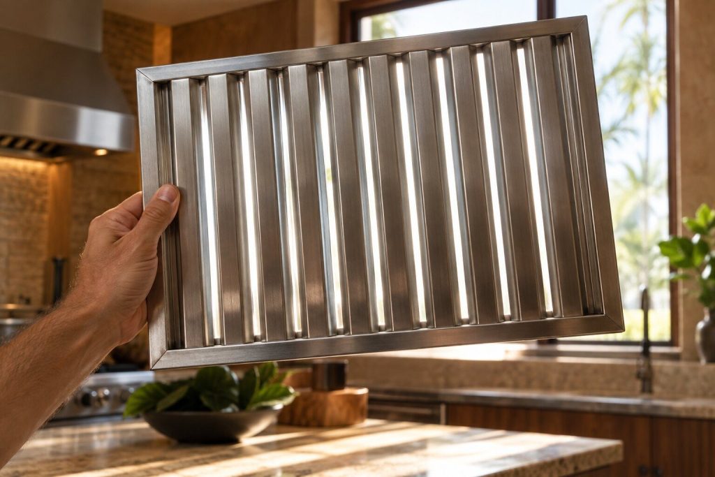 A steel baffle filter held up against a bright window with daylight showing through the gaps between its blades, a kitchen soft behind it.