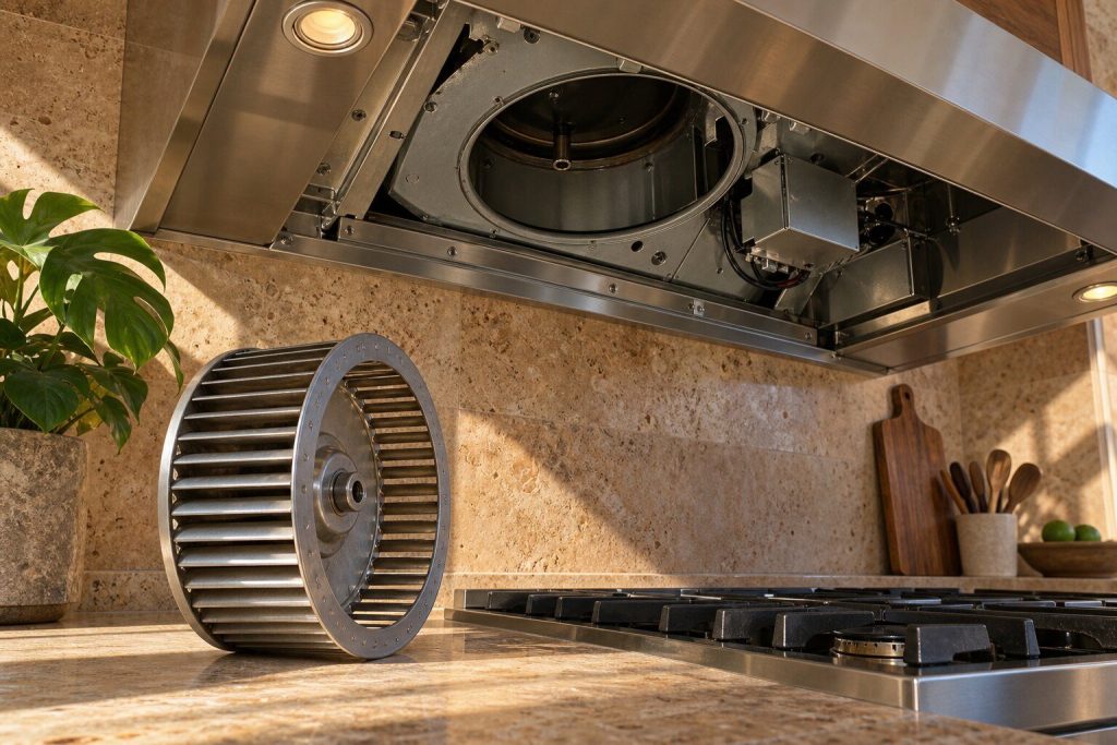 A squirrel-cage blower wheel standing on a counter beside the open underside of a hood liner, the empty housing visible in the canopy above.