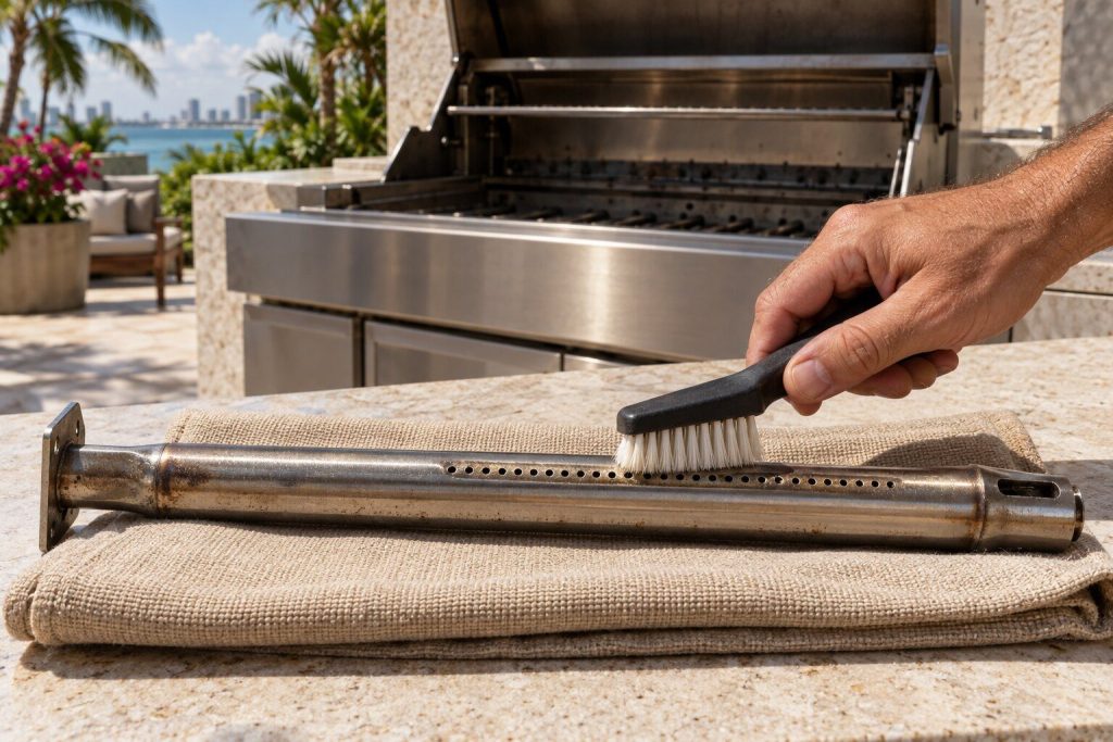 A tubular grill burner lying on a folded cloth with a soft nylon brush being drawn along the row of ports, the open firebox out of focus behind it.