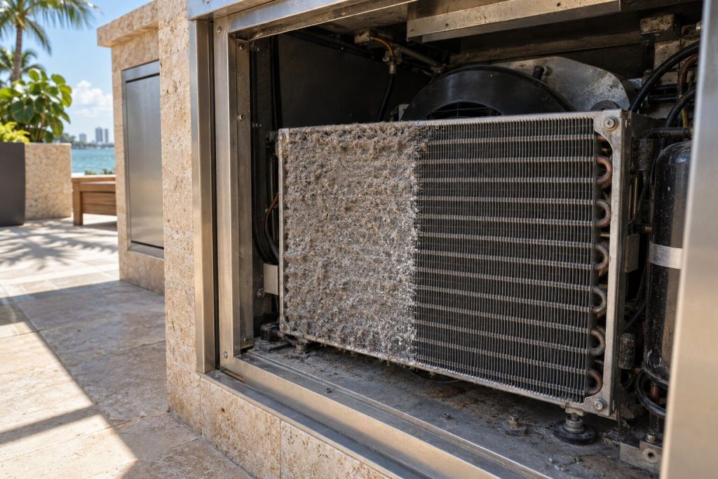 A condenser coil in the machine compartment of an undercounter outdoor cabinet, half of it furred gray with dust and salt and half brushed back to clean fins.