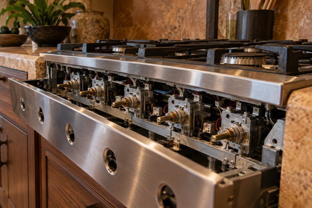The bank of switches behind the control panel of a gas cooktop with the fascia lifted away and the dials off, the spindles standing bare in a row.