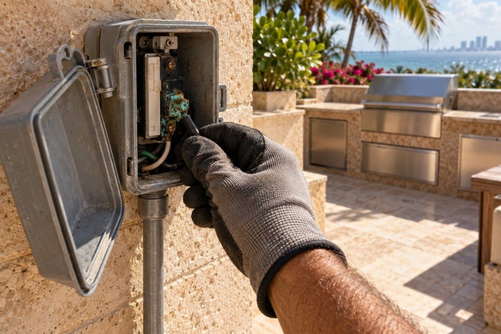 An outdoor switch housing opened on a terrace wall with its cover hanging aside, one terminal inside green and crusted with corrosion, a gloved hand steadying the lead.