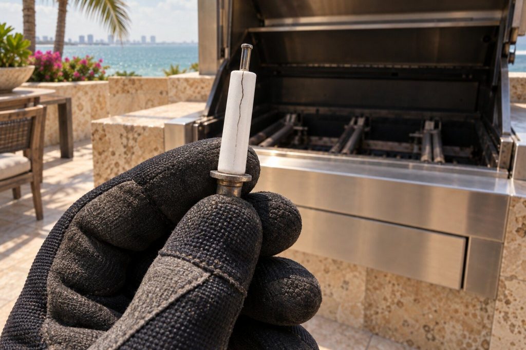 A white ignition ceramic held up close in a gloved hand with a hairline crack running down it, the open grill firebox soft behind.