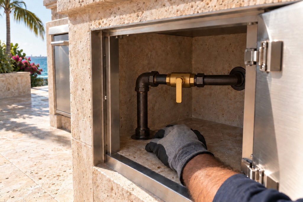 A quarter-turn gas shutoff valve on a pipe inside the open cabinet of a stone outdoor island, the handle at right angles to the run and a gloved hand resting below it.