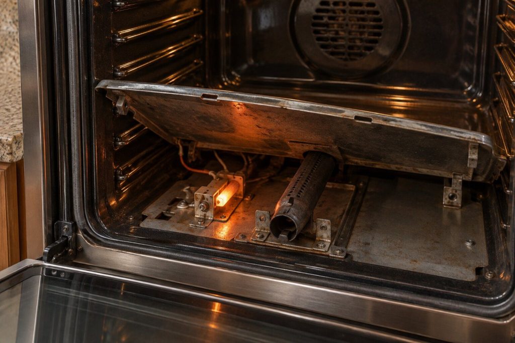 A gas oven ignitor glowing bright orange under the lifted floor panel of an oven cavity, the burner tube dark beside it.