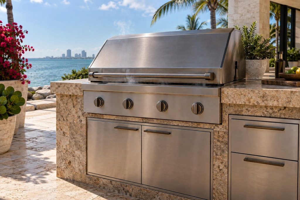 A built-in grill with its hood closed and a thin line of smoke escaping at the seam, the control dials all turned off and the terrace bright around it.