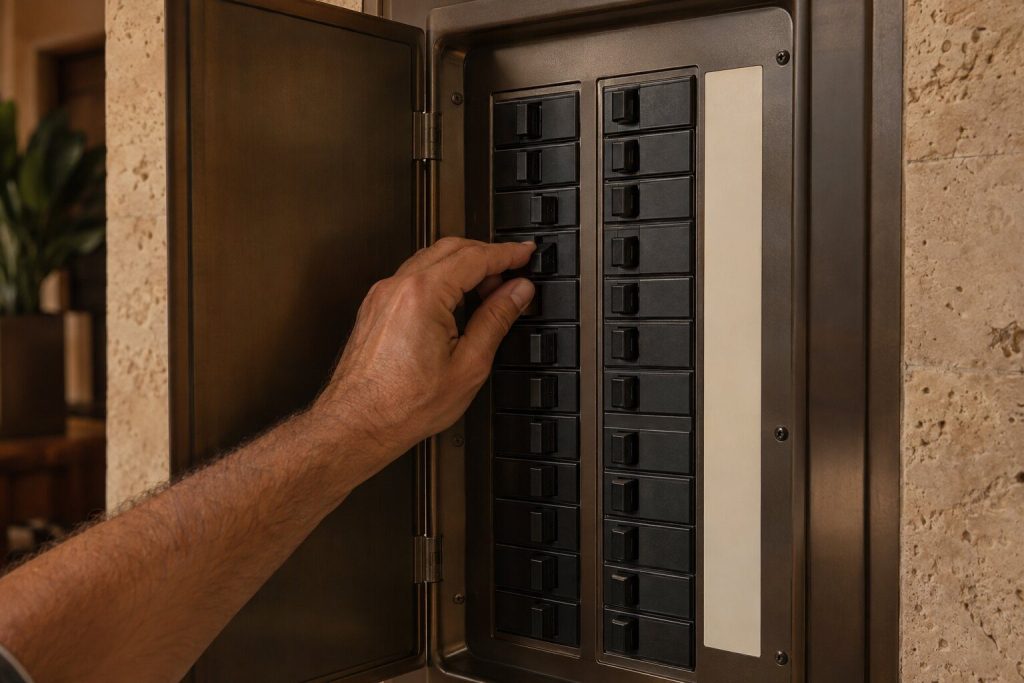 A hand resting on one breaker in an open household electrical panel, the rows of breakers either side of it.