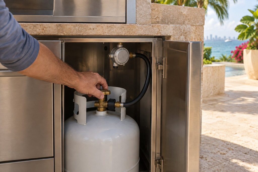 A hand turning the valve on a propane cylinder standing in the open cabinet of an outdoor island, the regulator and its hose above it.
