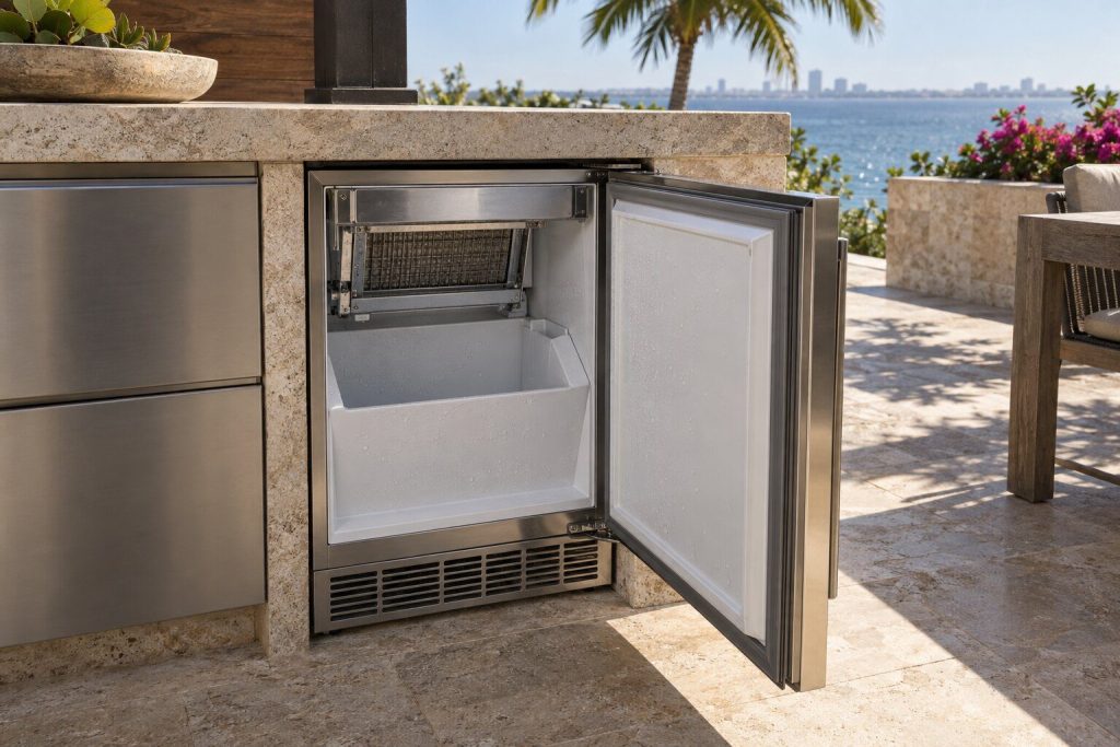 An outdoor undercounter ice machine standing open with its bin empty and the evaporator plate above it exposed, water beaded on the liner.