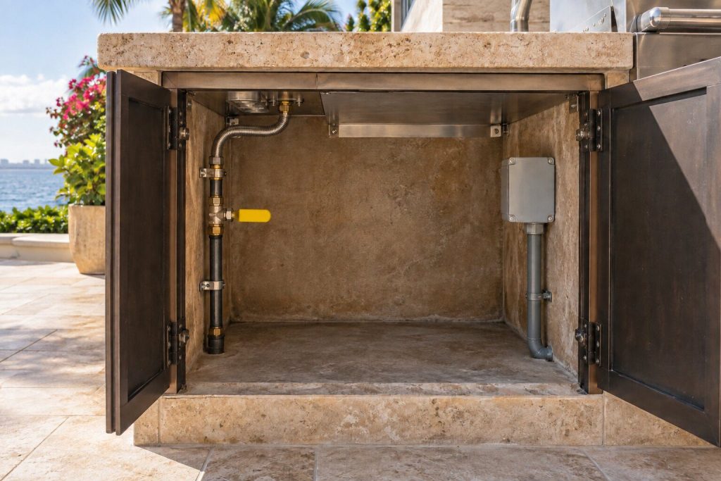 The open cabinet of a stone outdoor island with a gas line and shutoff on one side and a sealed electrical junction box on the other, the underside of the counter above.