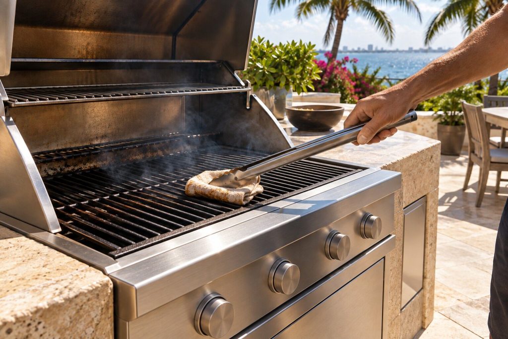 A folded cloth gripped in long tongs being drawn across hot cast grill grates, a faint haze of smoke lifting off them.