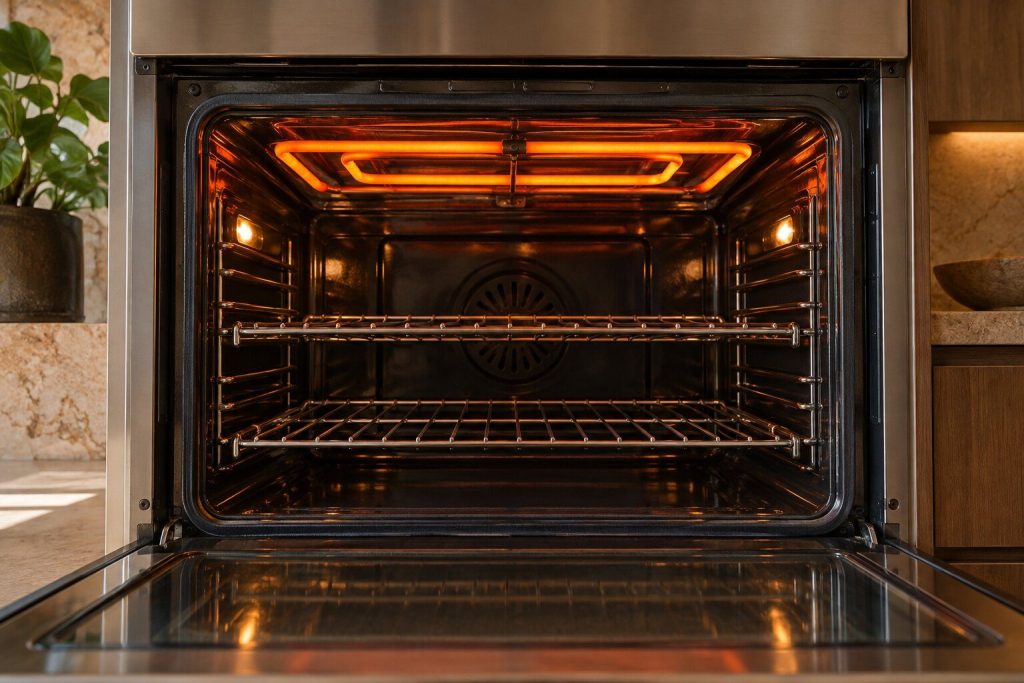 The inside of an oven with the upper element glowing orange across the roof of the cavity and the racks empty below it, the door open.