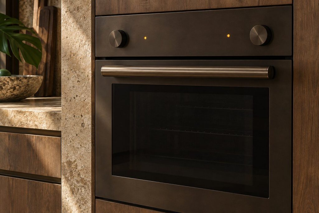 A wall oven control strip with two small amber indicator lamps lit on an otherwise plain dark fascia, the cavity dark behind the closed door.