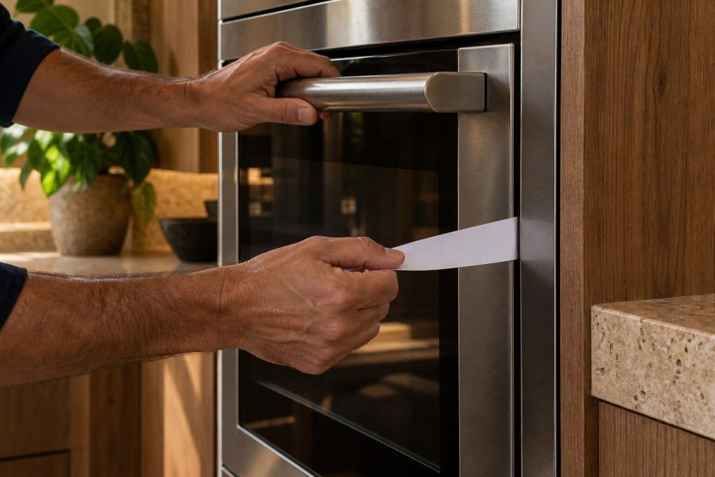 A strip of paper being drawn out from between the closed door and the frame of a wall oven, a hand on the handle above it.