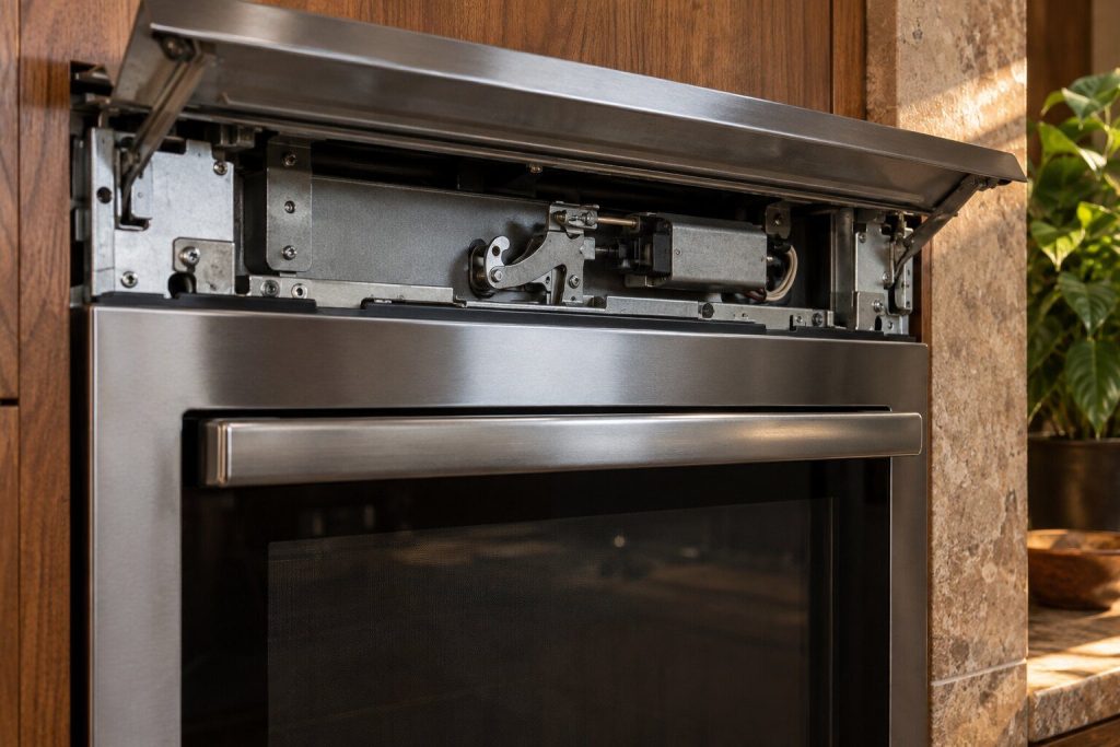 The door latch mechanism of a wall oven exposed behind the lifted top trim, its hook and small motor visible, the door closed below.