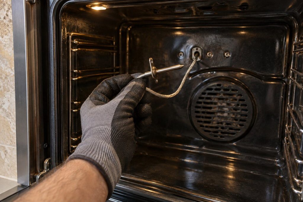 An oven temperature sensor unscrewed from the rear wall of an empty oven cavity and drawn forward on its lead, held steady in a gloved hand.