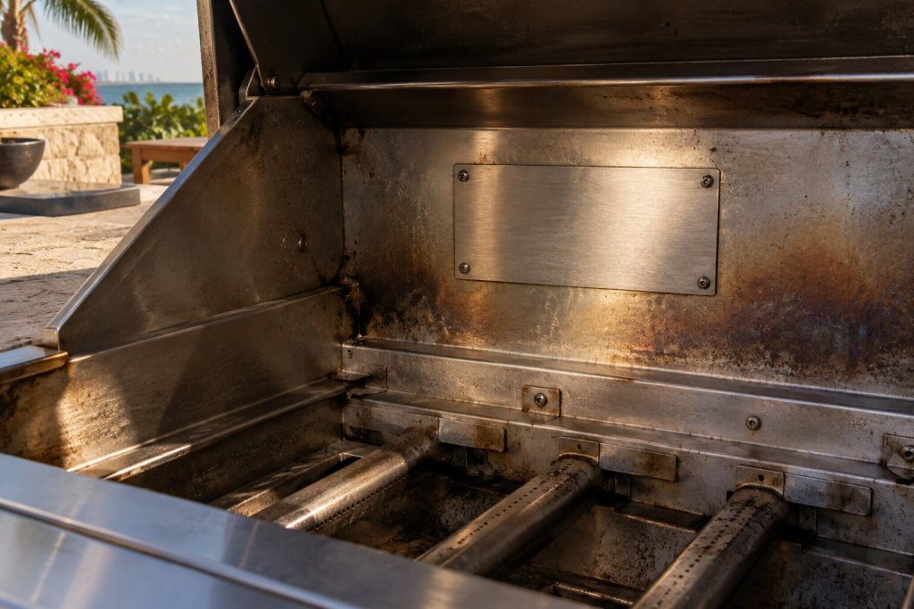 A small blank brushed metal plate on the inside wall of a grill firebox with the grates and radiants taken out, a flashlight beam across it.