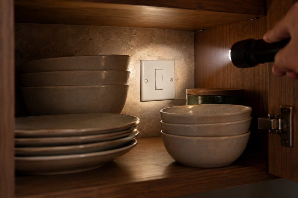 A switched fused spur mounted on the back wall inside a kitchen cupboard behind stacked crockery, its plain rocker switch and blank faceplate lit by a flashlight.