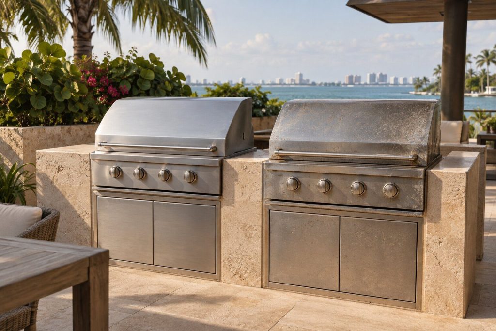 Two stainless built-in grill hoods standing side by side, one bright and even and the other speckled and dulled by years of salt.