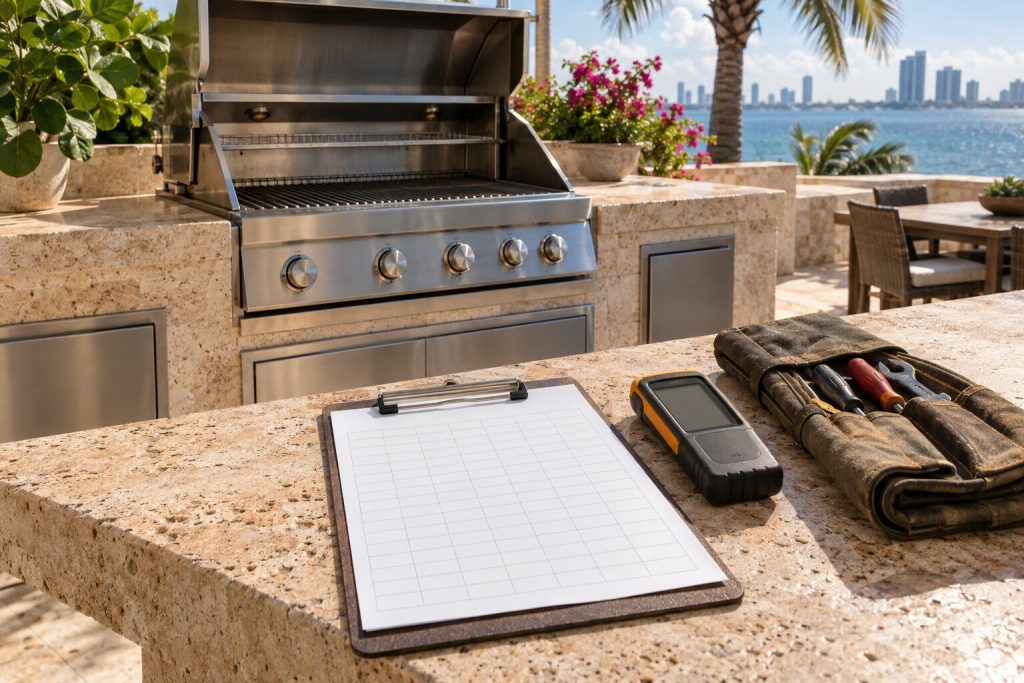A clipboard holding a blank ruled sheet resting on the coral stone counter of an outdoor island beside a meter and a folded tool roll, the grill open behind.