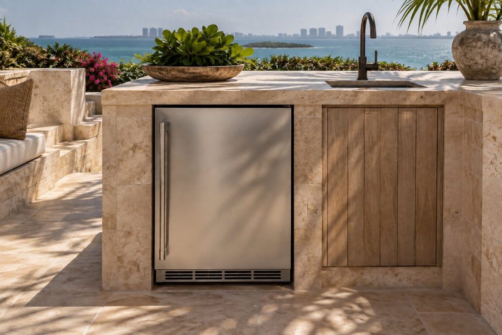 A 25-inch beverage chiller with a sink set into a stone island with a palm throwing shadow across it, closed and unlit.