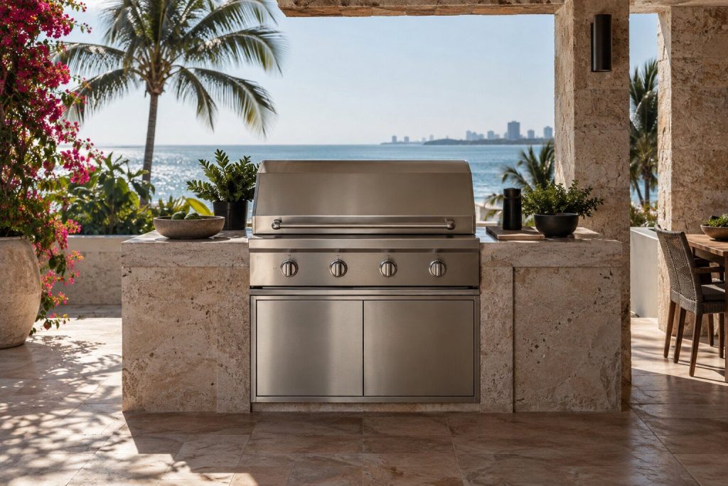 A 30-inch all-grill module built into a sheltered summer kitchen under a deep stone soffit, closed and unlit.