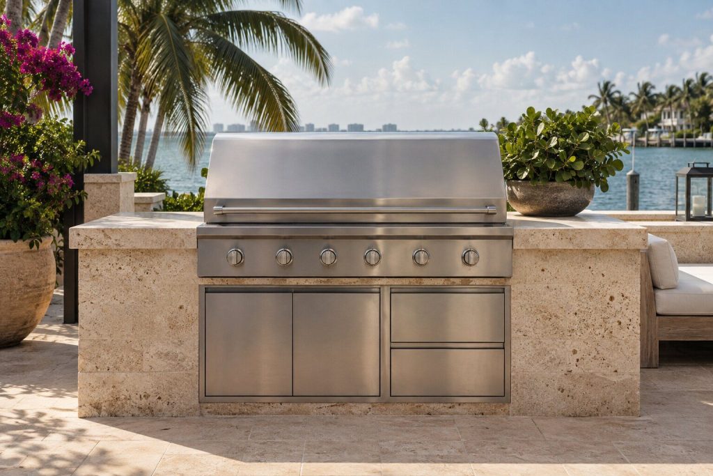 A 36-inch built-in grill with a charcoal tray set into a coral stone island on a terrace above the water, closed and unlit.