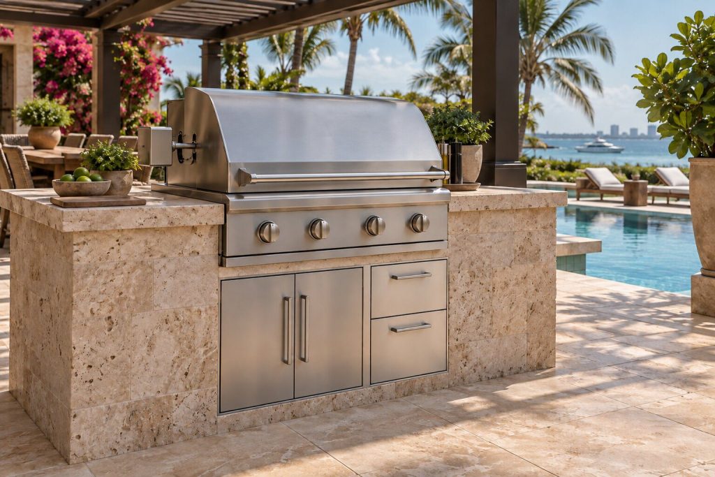 A 36-inch built-in grill with rotisserie and charcoal tray set into a travertine island under a pergola beside a pool, closed and unlit.
