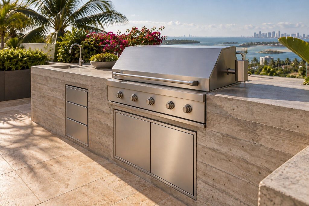 A 36-inch built-in grill with rotisserie and infrared burner built into a board-formed concrete run on a roof terrace, closed and unlit.