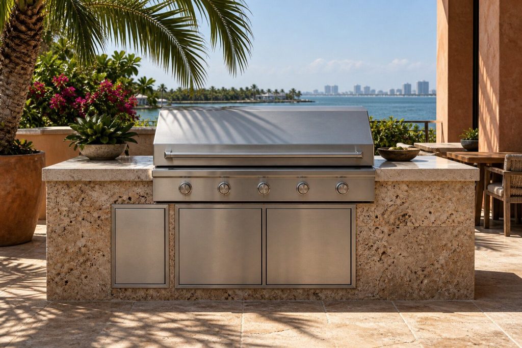 A 48-inch built-in grill with a charcoal tray set into a stone island with a palm throwing shadow across it, closed and unlit.