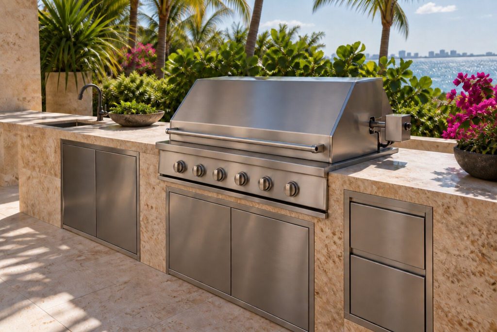 A 48-inch built-in grill with rotisserie and charcoal tray built into a long outdoor kitchen run facing a planted garden, closed and unlit.