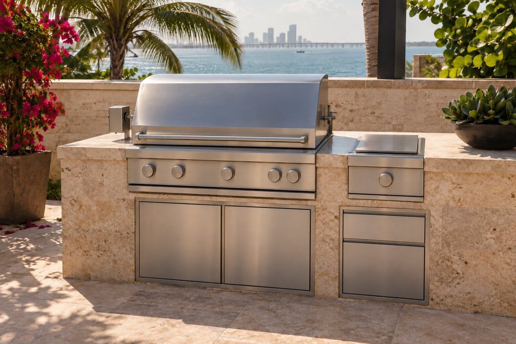 A 48-inch built-in grill with rotisserie and infrared burner set into a terrace island in hard midday sun with sea haze behind, closed and unlit.