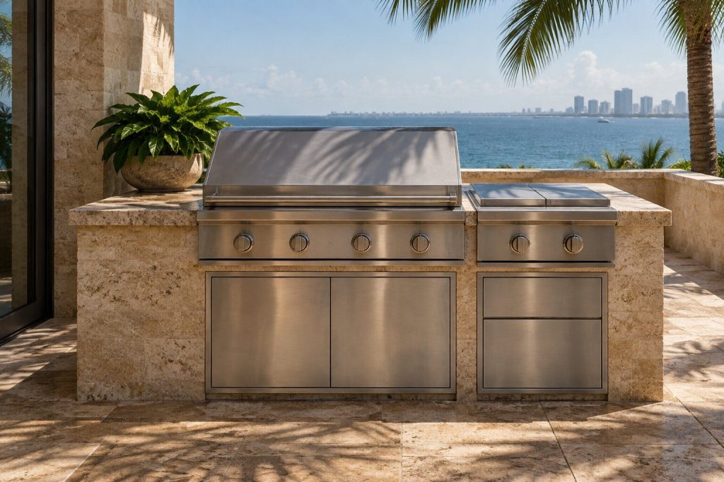 A 30-inch griddle with a double side burner, series 7 set into a stone island with a palm throwing shadow across it, closed and unlit.
