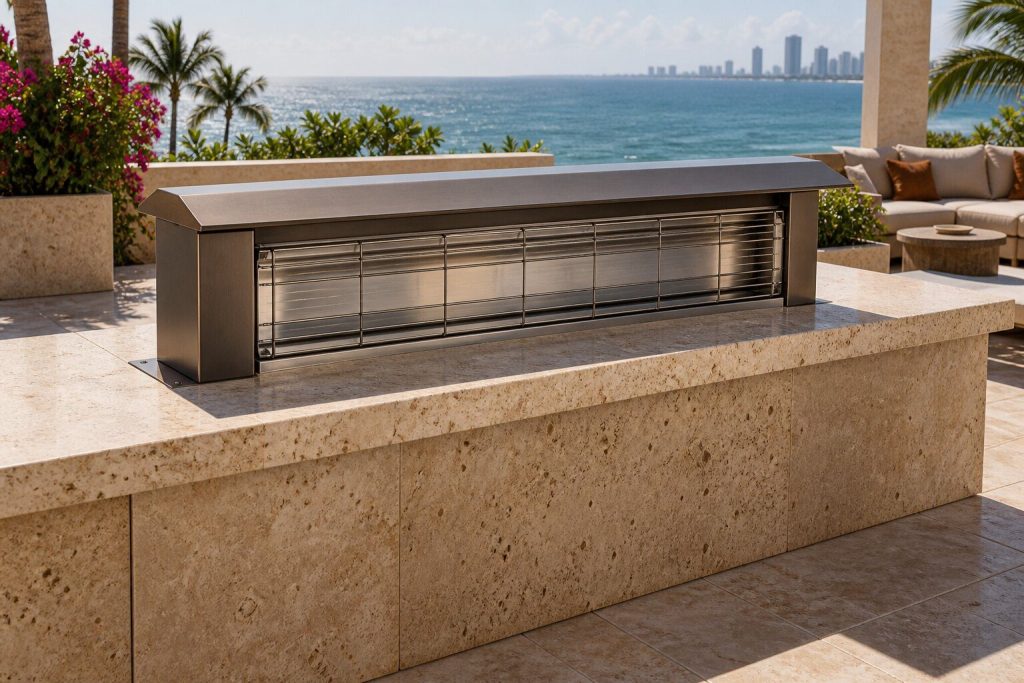 A 48-inch built-in patio heater set into a terrace island in hard midday sun with sea haze behind, closed and unlit.