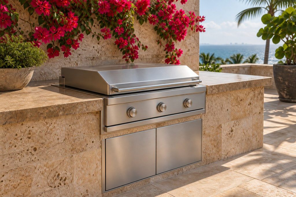 A 30-inch built-in griddle set into an island counter with bougainvillea against the wall behind, closed and unlit.