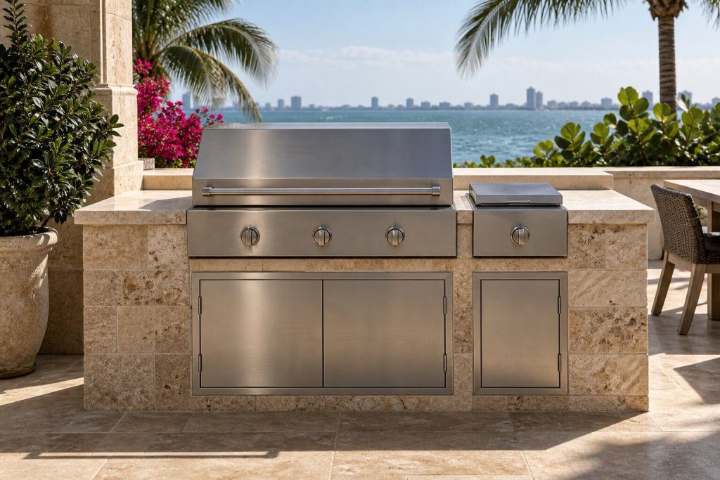 A 30-inch built-in griddle with a side burner set into a coral stone island on a terrace above the water, closed and unlit.