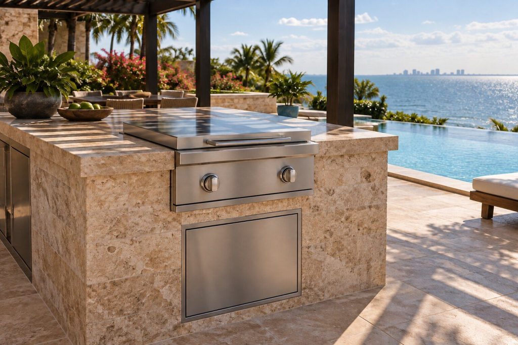 A 24-inch built-in power burner set into a travertine island under a pergola beside a pool, closed and unlit.