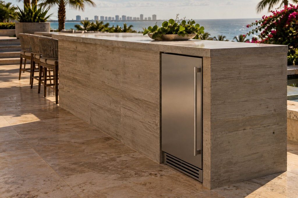 A 15-inch outdoor ice machine, right or left hinge built into a board-formed concrete run on a roof terrace, closed and unlit.