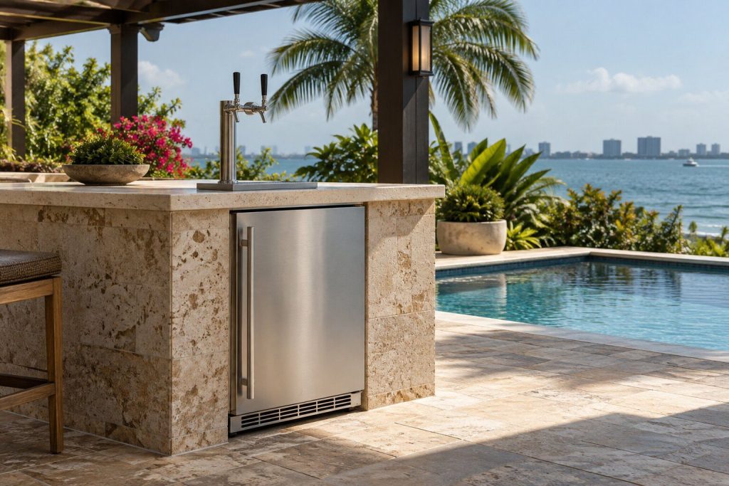 A 24-inch dual tap outdoor beer dispenser, right or left hinge set into a travertine island under a pergola beside a pool, closed and unlit.