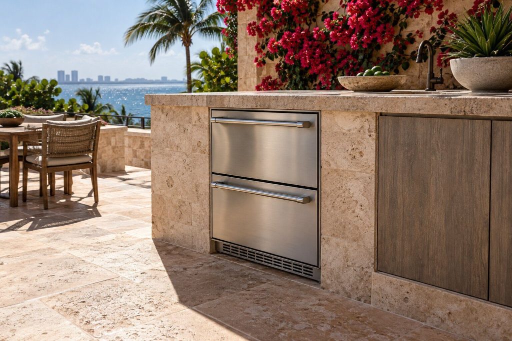 A 24-inch outdoor refrigerator drawers set into an island counter with bougainvillea against the wall behind, closed and unlit.