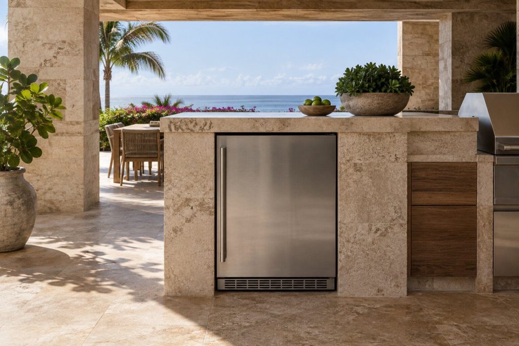 A 24-inch outdoor refrigerator, right or left hinge built into a sheltered summer kitchen under a deep stone soffit, closed and unlit.
