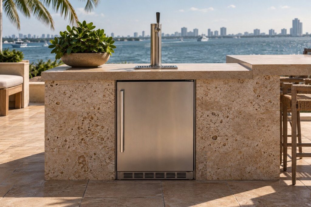 A 24-inch single tap outdoor beer dispenser, right or left hinge set into a coral stone island on a terrace above the water, closed and unlit.