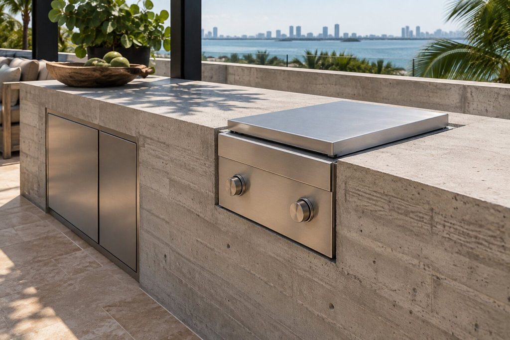 A 14-inch built-in double side burner built into a board-formed concrete run on a roof terrace, closed and unlit.
